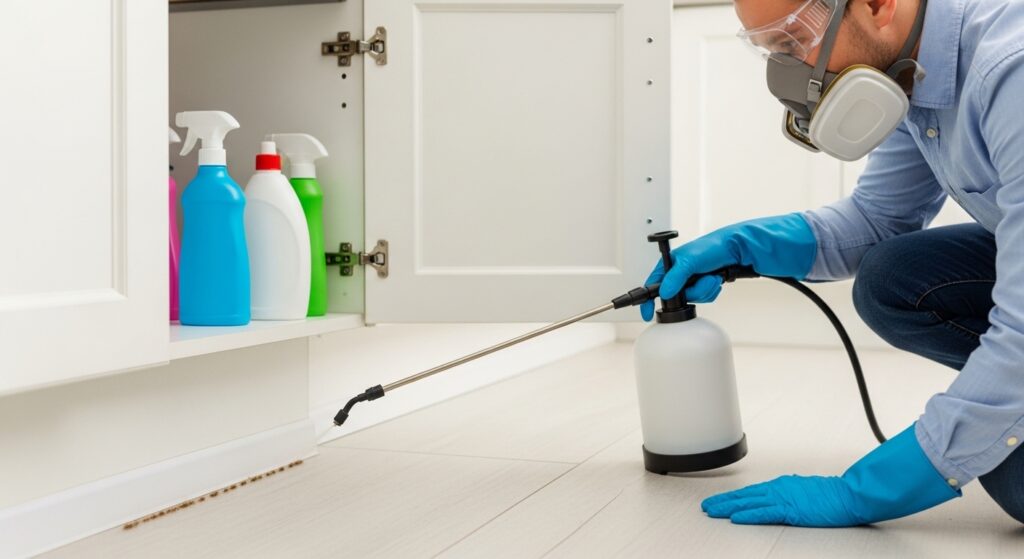 applying ant insecticide along kitchen baseboard safely