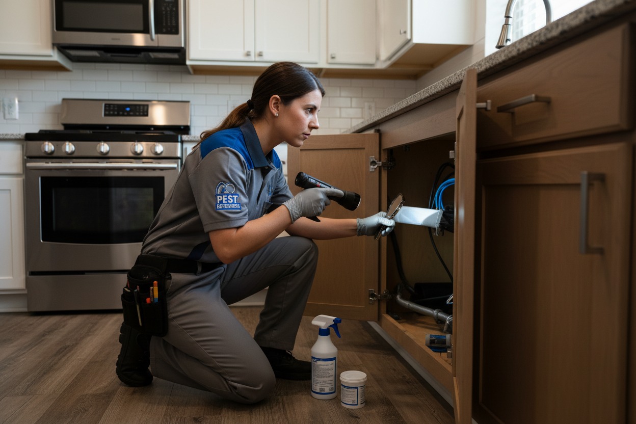 pest control professional inspecting kitchen for ant infestation