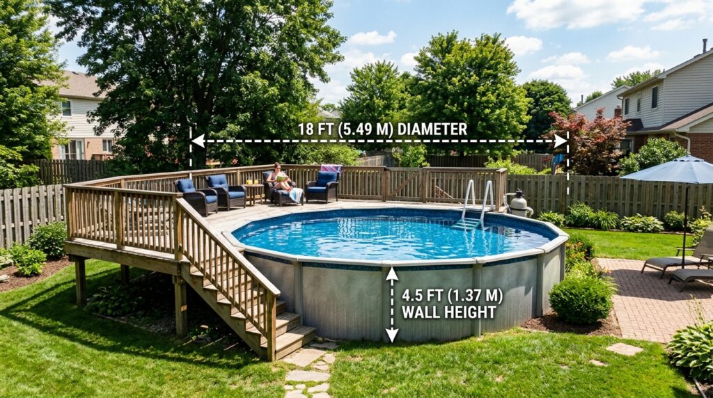 Average size above-ground backyard pool with deck surround — typical round oval dimensions