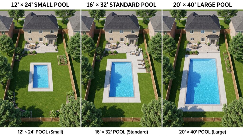 Real backyard pool size comparison — 12x24 vs 16x32 vs 20x40 pool in same yard footprint