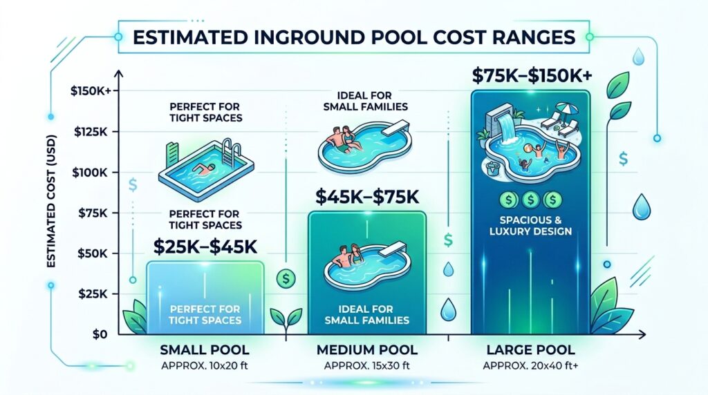 Backyard pool cost comparison by size — small medium large inground pool price ranges