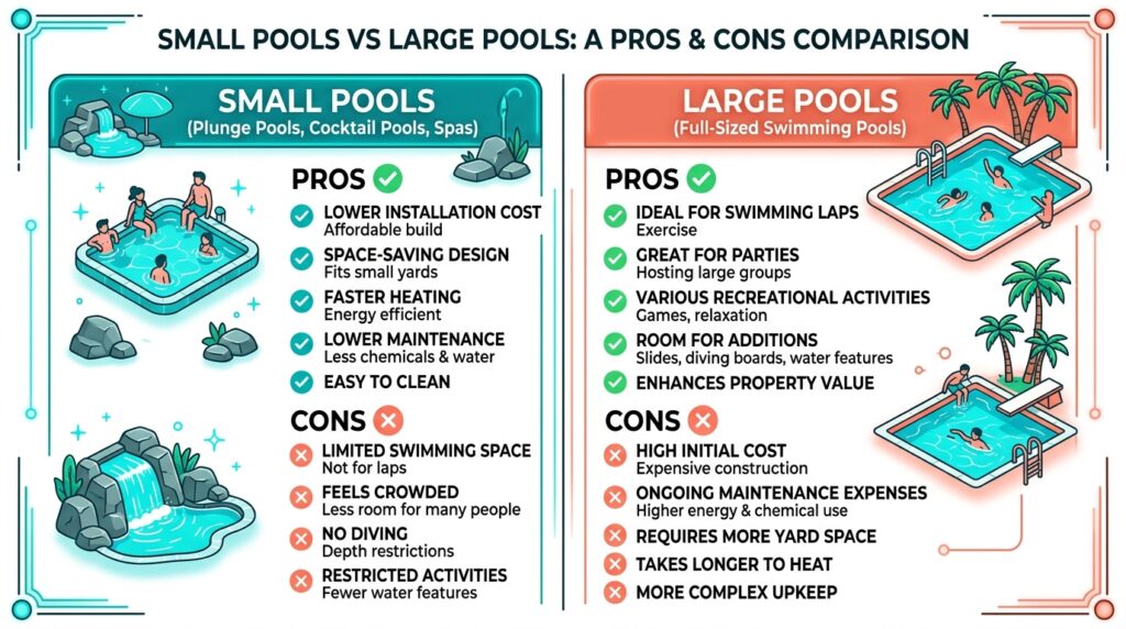 Small vs large backyard pool size pros and cons comparison infographic
