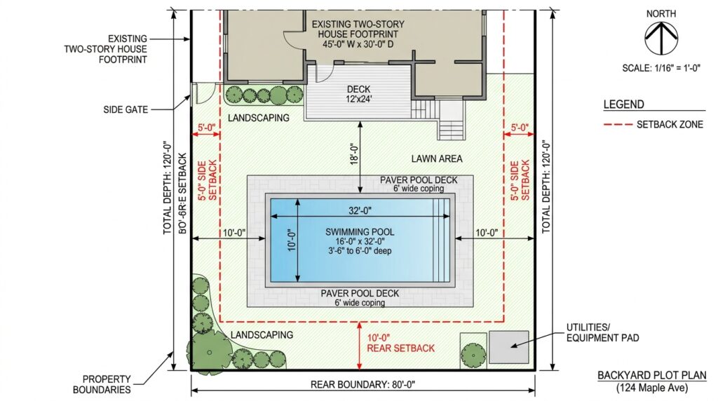 Backyard pool setback requirements diagram showing property line distances for pool placement