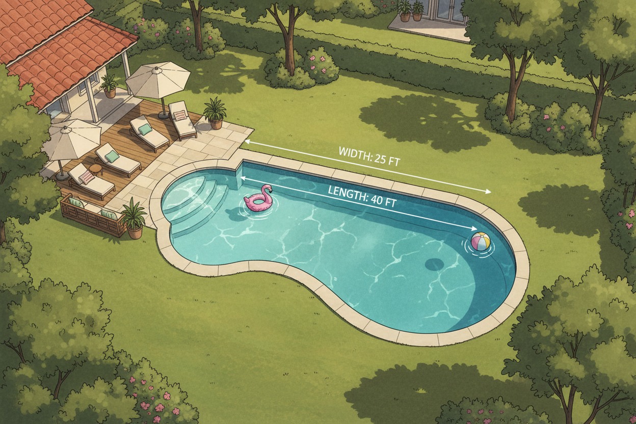 Average size of a kidney-shaped backyard pool with dimension labels