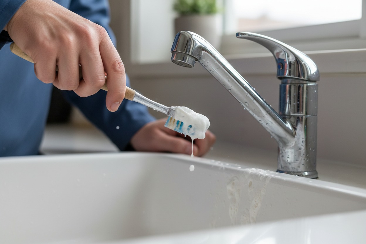 Applying baking soda paste to remove hard water buildup on faucet