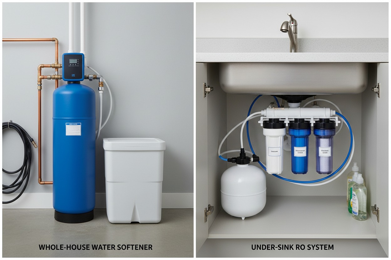 Whole-house water softener and under-sink reverse osmosis system for preventing calcium buildup on faucets long-term

If you're constantly fighting hard water deposits, cleaning alone isn't the long-term an