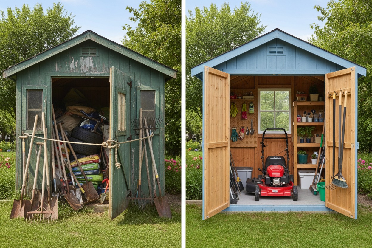 Comparison of undersized vs properly sized garden shed — illustrating why choosing the right shed size matters for backyard storage