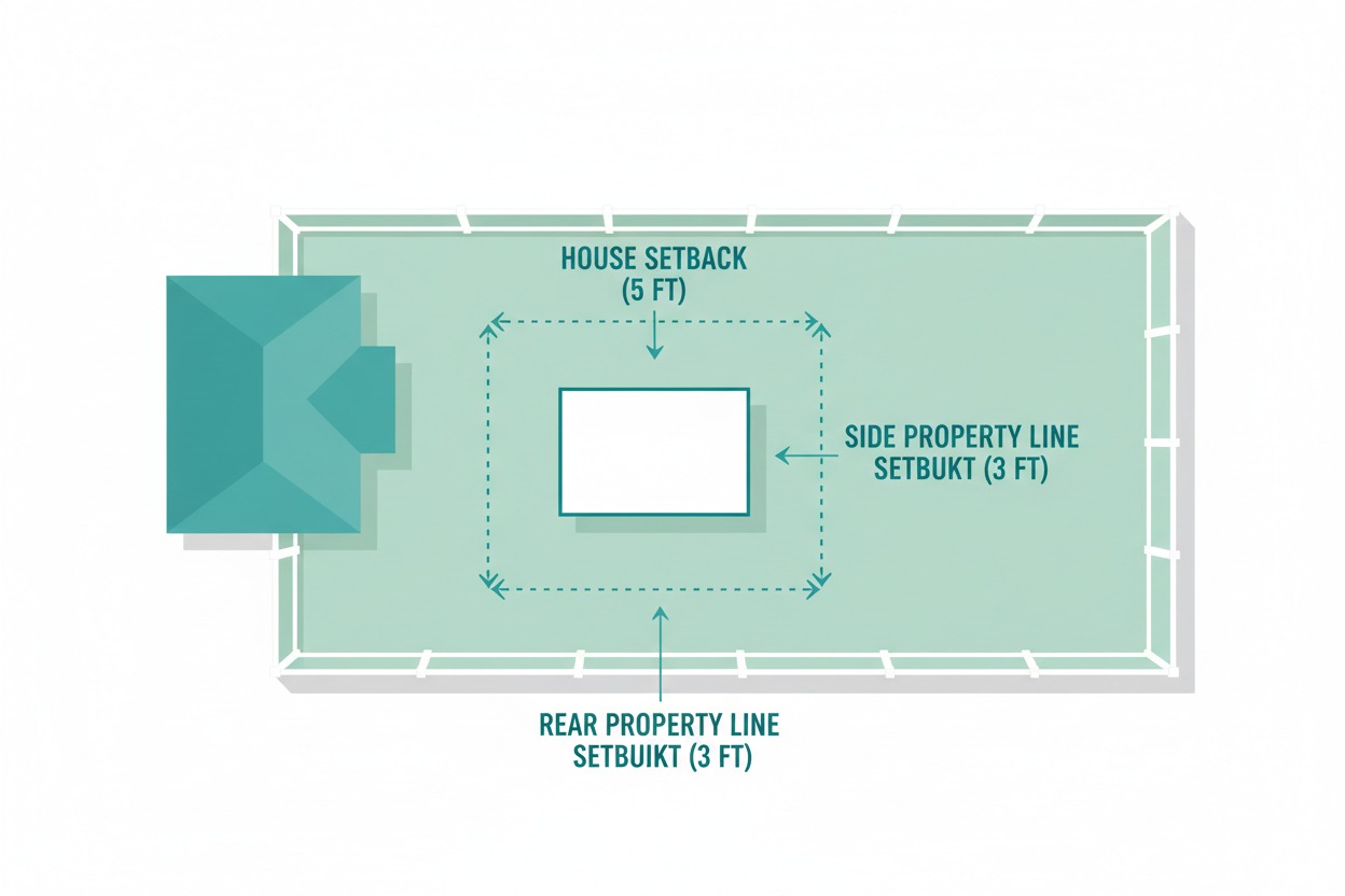 Backyard shed placement diagram showing setback distances from property lines, fence, and house for correct garden shed sizing