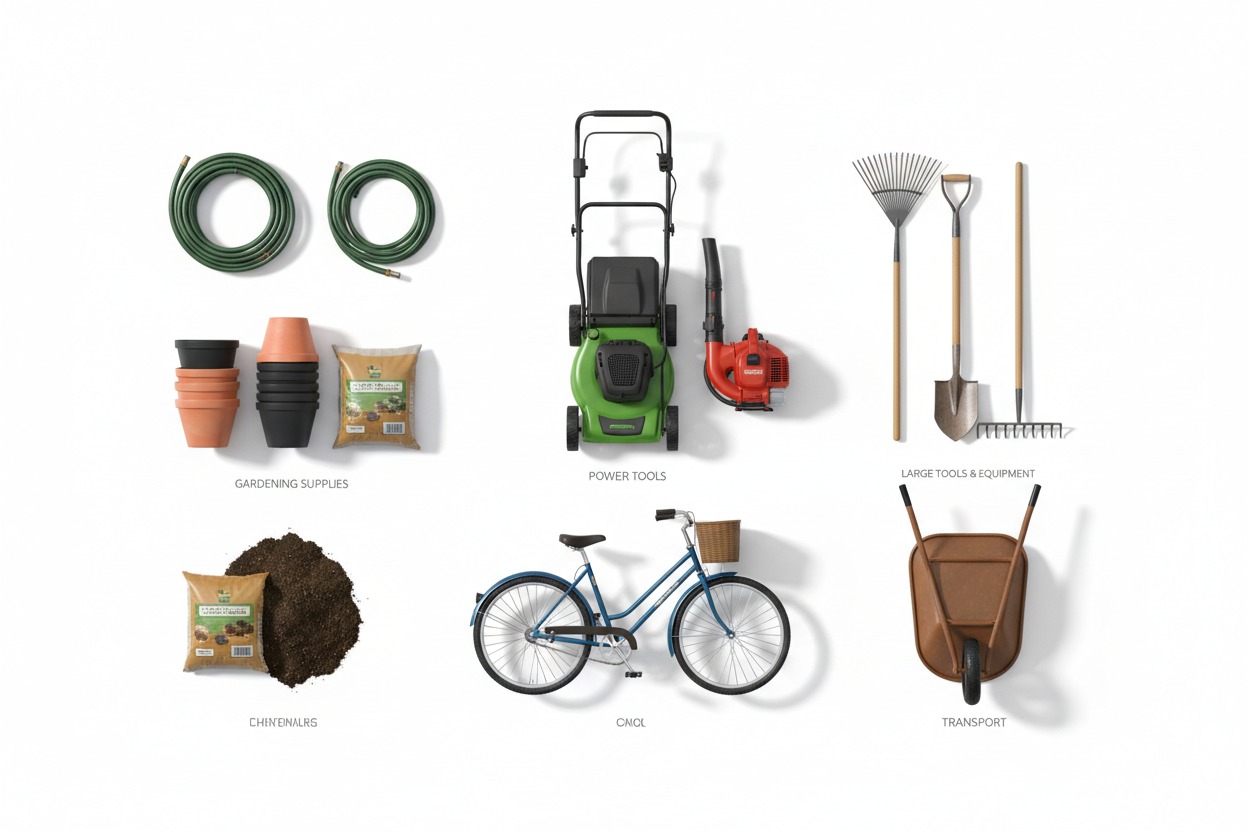 Inventory of common garden shed storage items including lawnmower, tools, bikes, and equipment used to determine right shed size