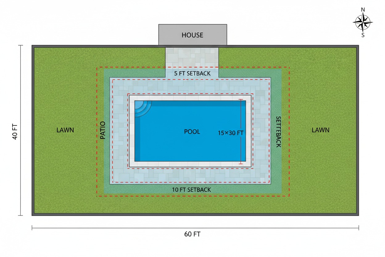 Typical backyard dimensions with pool placement and setback zones illustration