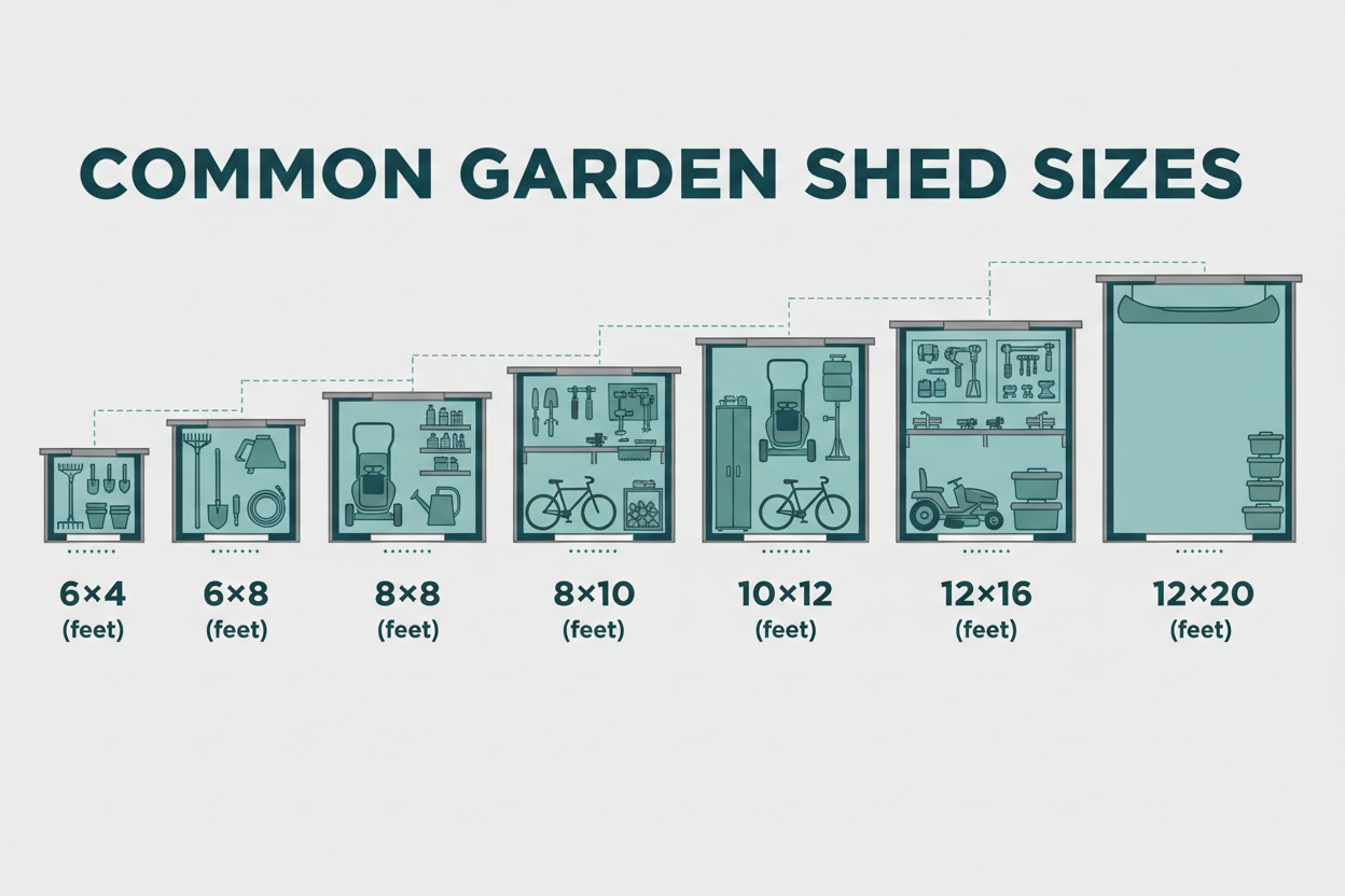 Standard garden shed sizes chart — from 6x4 to 12x20 — showing what fits inside each shed size for backyard storage planning