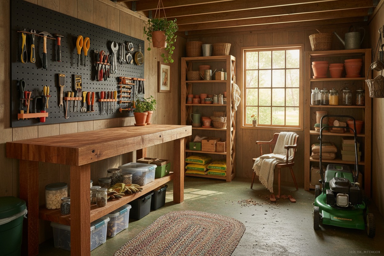 Interior of a well-organized 10x12 garden shed with workbench, pegboard, and shelving — showing how to plan right size shed for backyard use