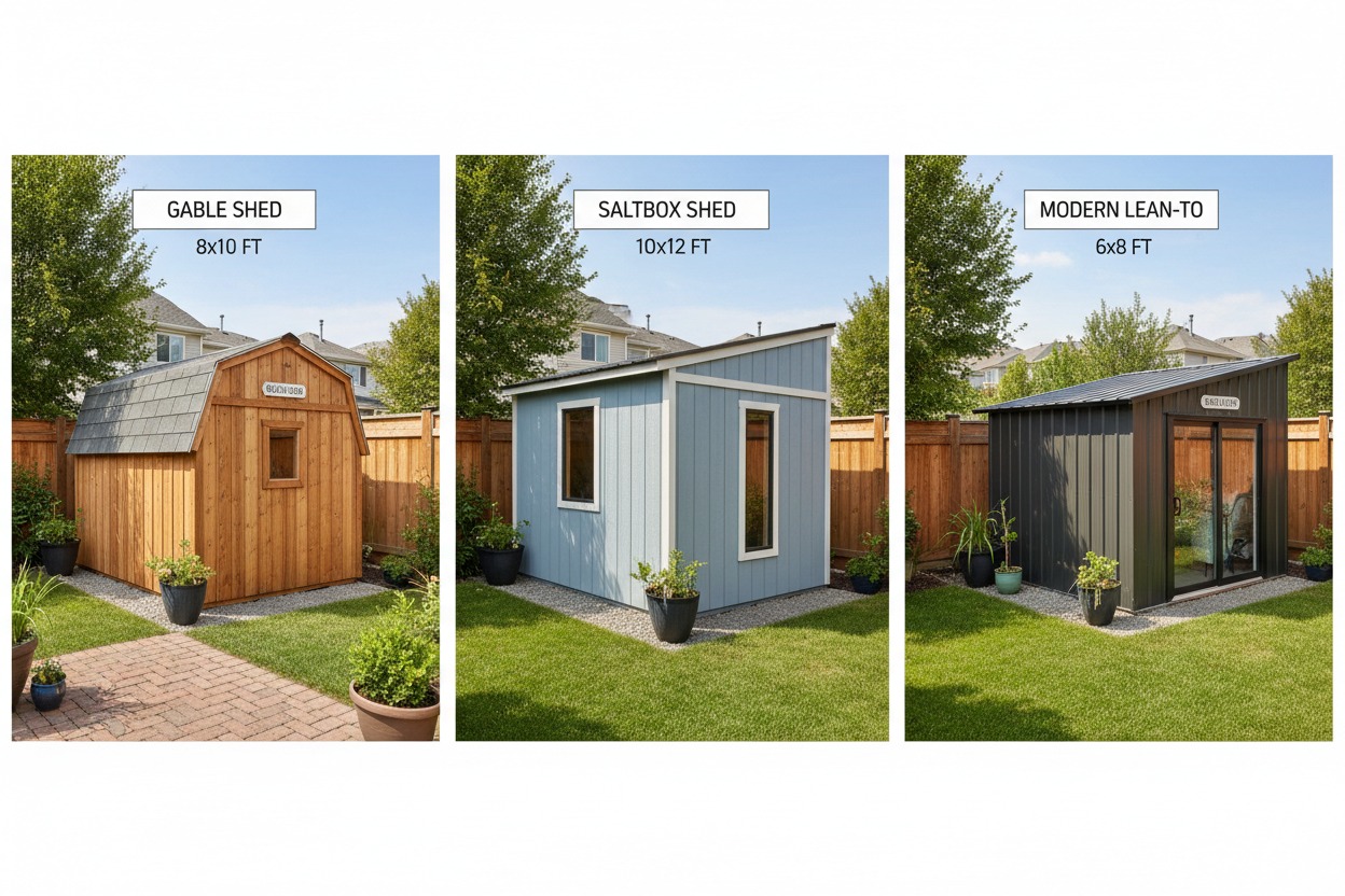 Comparison of garden shed styles — gable, saltbox, and lean-to — and how shed style affects size and backyard placement choices