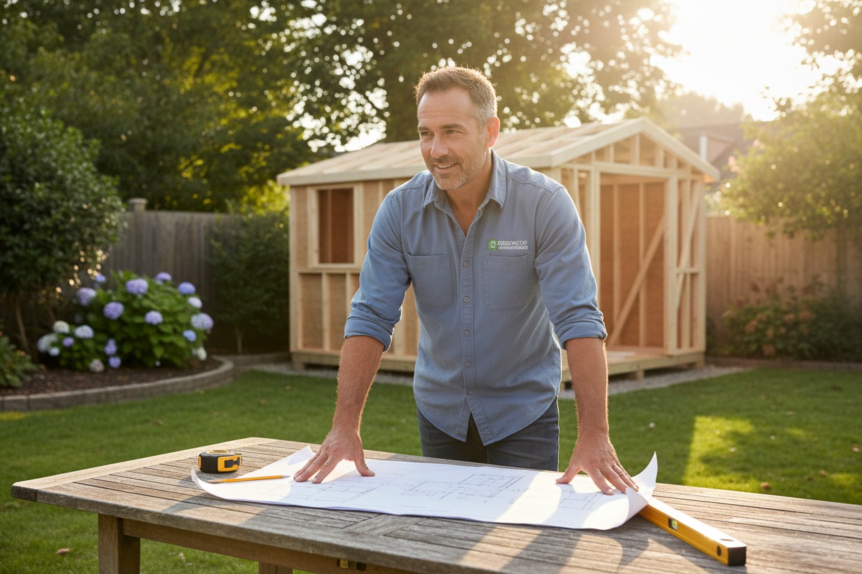Professional shed builder reviewing backyard shed size plans — expert tips for choosing right size garden shed