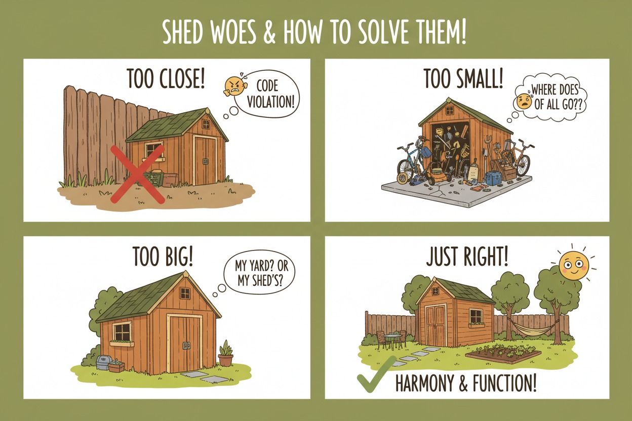 Common garden shed sizing mistakes — too close to fence, too small, too large for yard, and the correctly sized shed solution
