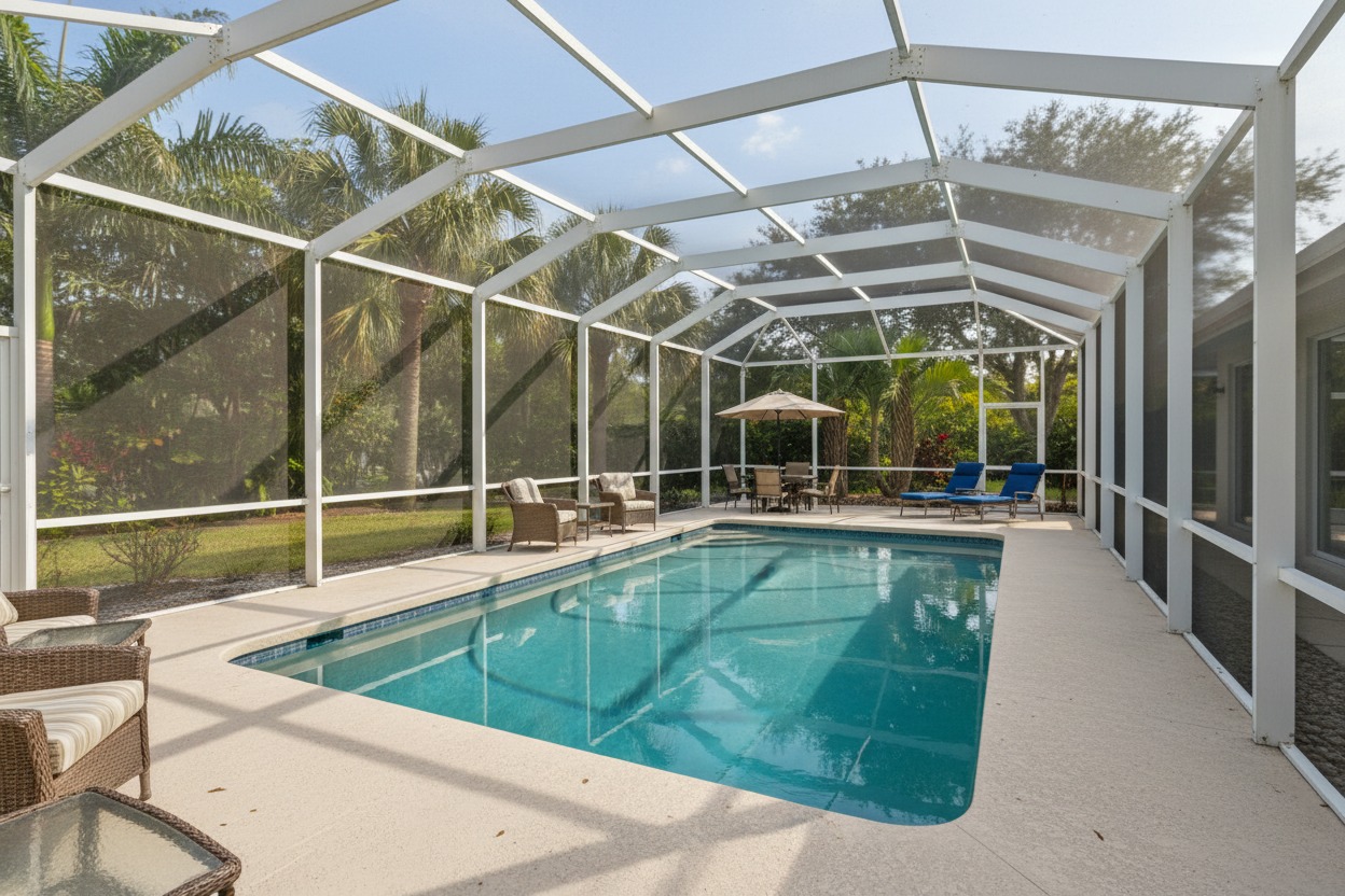 Average size of a backyard screened-in deck with pool — Florida pool cage dimensions