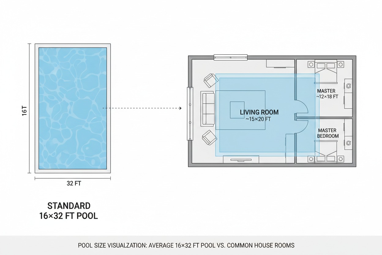 Backyard pool size comparison to house room dimensions — visual scale reference