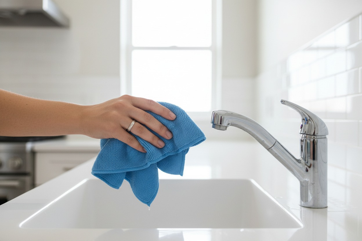 Person wiping faucet with microfiber cloth to prevent calcium buildup and hard water deposits