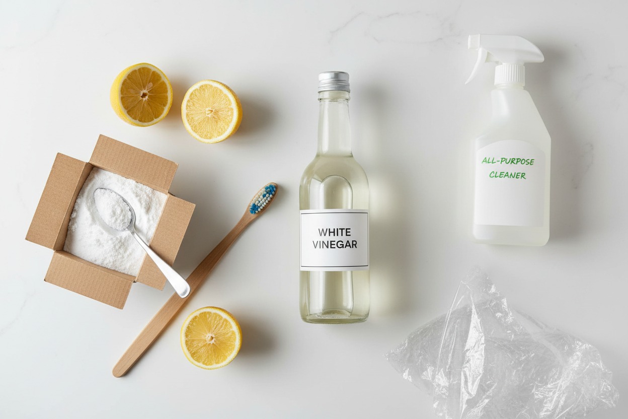Cleaning supplies for removing calcium deposits from faucets including vinegar, baking soda, lemon, and toothbrush