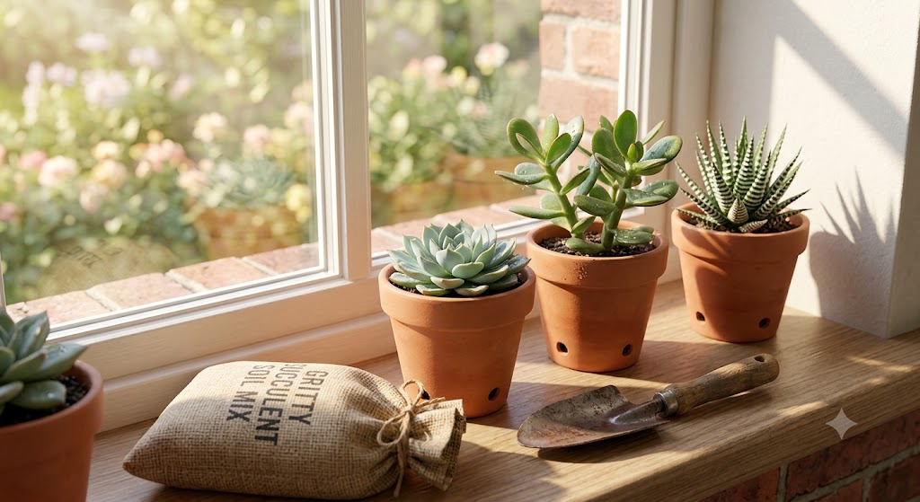 how to plant succulents: collection of potted succulents in terracotta pots on a sunny windowsill ready for planting