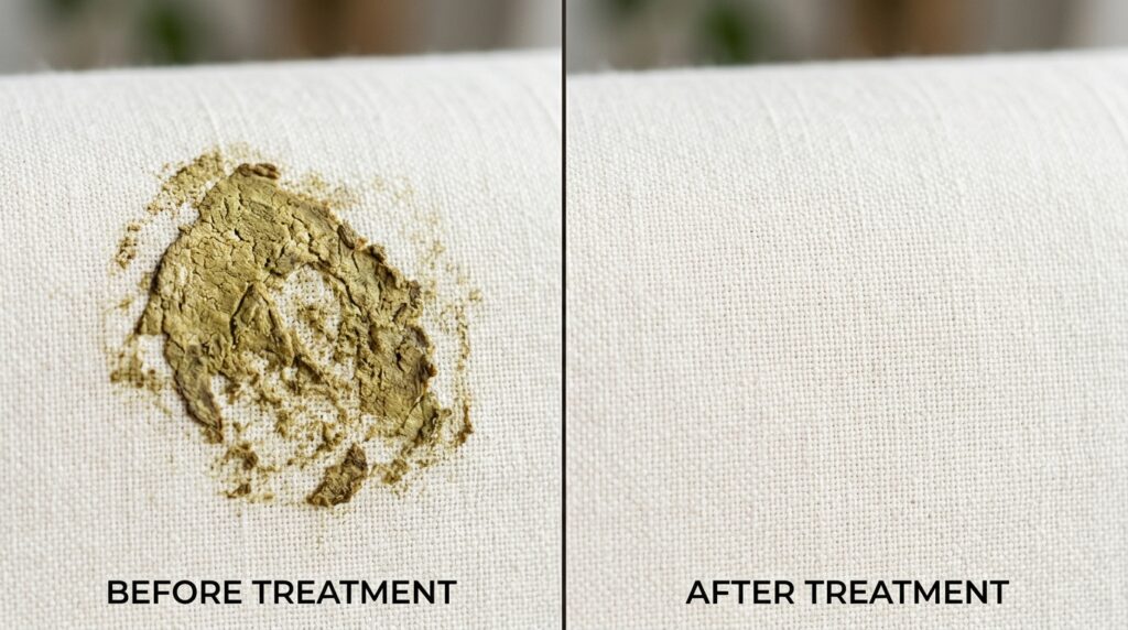 Before and after removing an old dried avocado stain from fabric