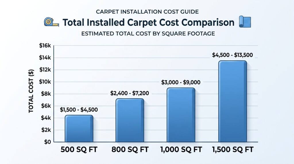 chart showing average cost to carpet 500 sq ft compared to 1000 sq ft and larger homes