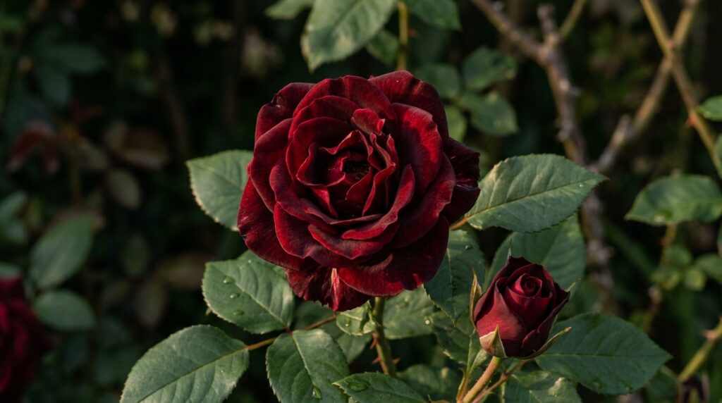 Black Magic rose with deep dark red velvety petals