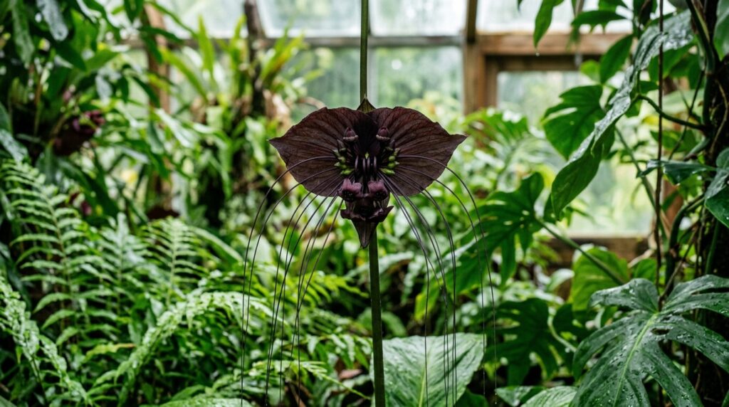 Black bat flower with dark purple black bracts and long filaments