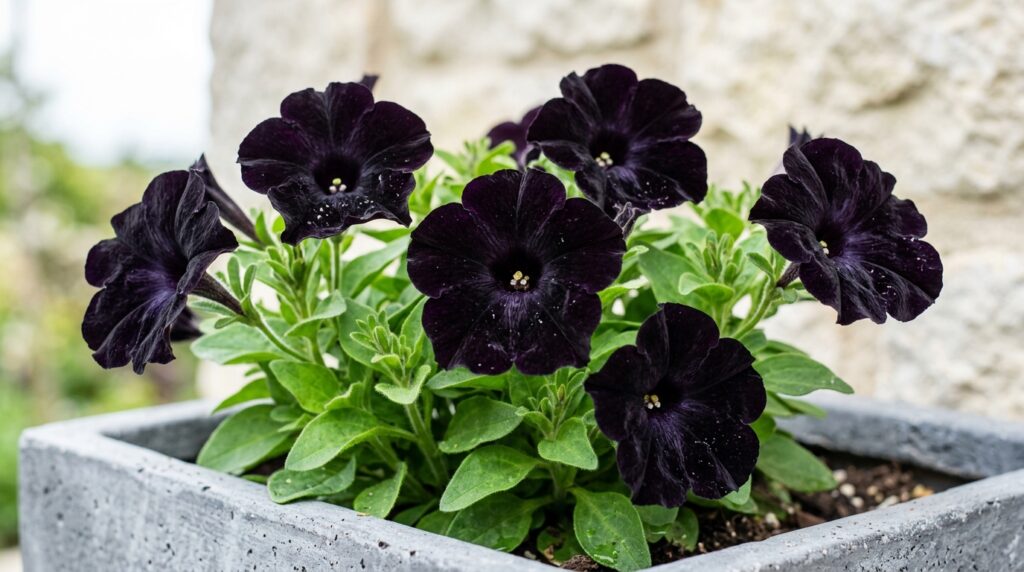 Black Velvet petunia with dark purple black velvety petals