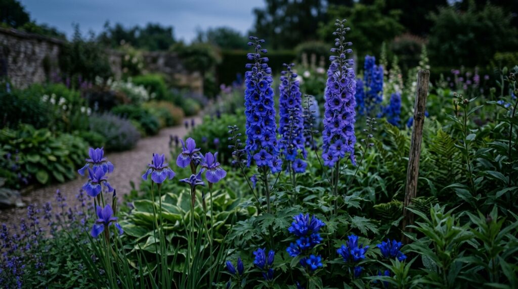 Dark blue flowers and blue violet blooms with silver foliage