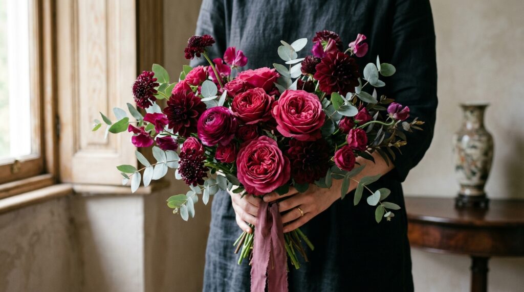 Dark pink flowers in a romantic bouquet with cream roses and eucalyptus