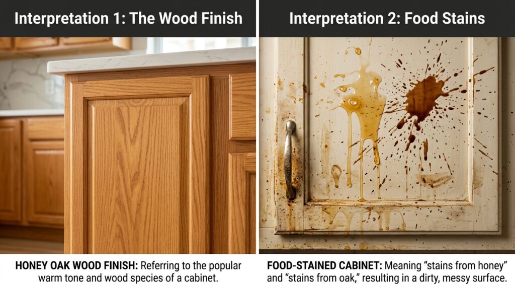 Honey oak cabinet finish compared to a food stain on wood cabinetry