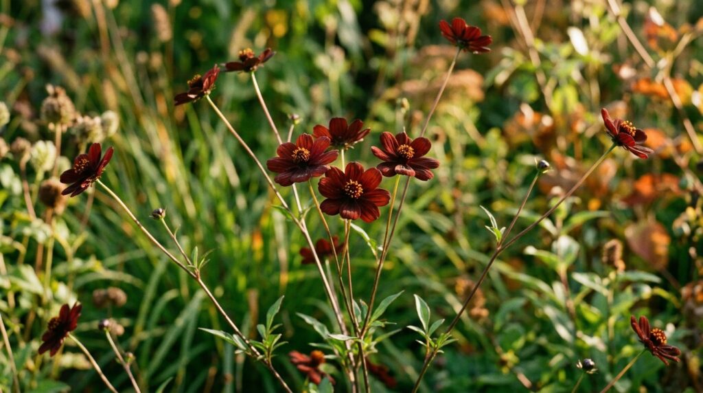 Chocolate cosmos with dark brown reddish petals in an autumn garden