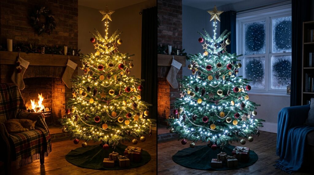 Warm white vs soft white christmas lights comparison on decorated tree