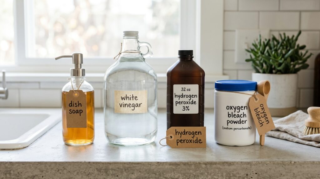 Dish soap, vinegar, and hydrogen peroxide used to remove avocado stains