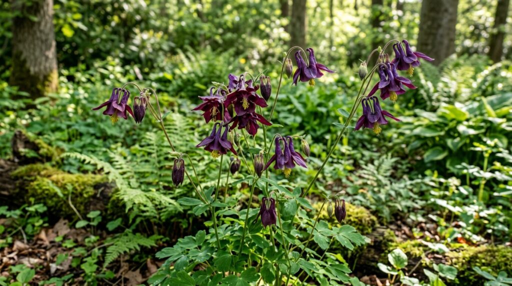 Dark purple columbine flowers with distinctive spurs
