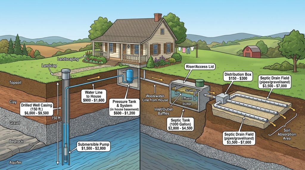well and septic system installation cost breakdown diagram for a rural home