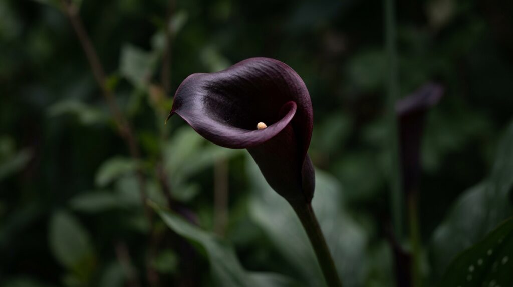 Dark calla lily with near-black burgundy purple flower