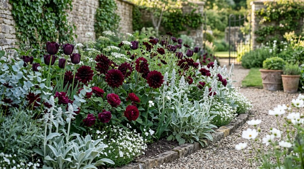 Layered dark flower garden with purple tulips burgundy dahlias red roses and chocolate cosmos