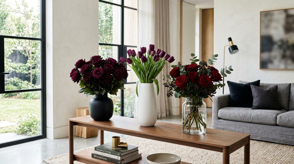 Dark flowers used as elegant home decor in modern vases