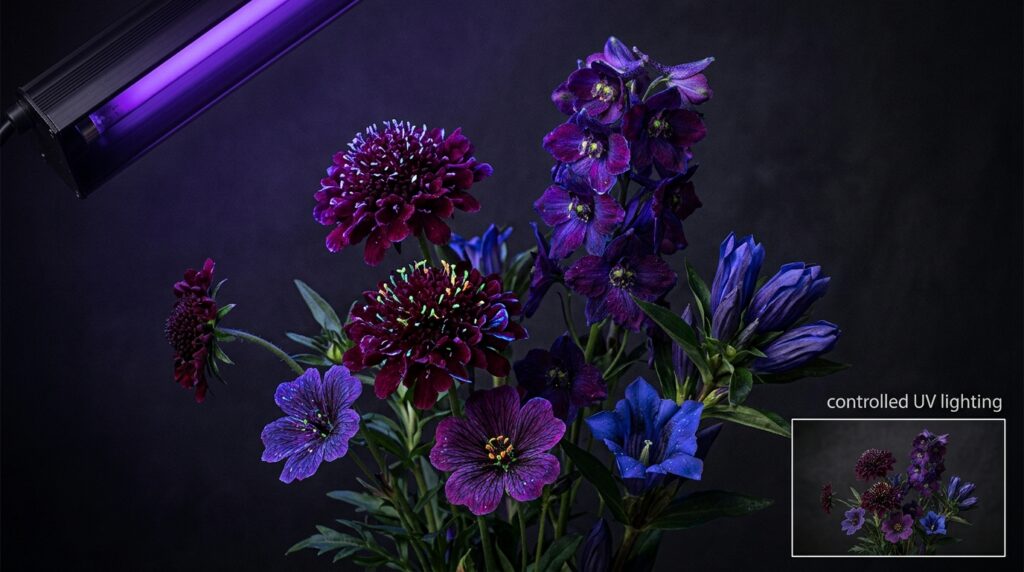 Dark flowers under ultraviolet blacklight showing fluorescent floral highlights