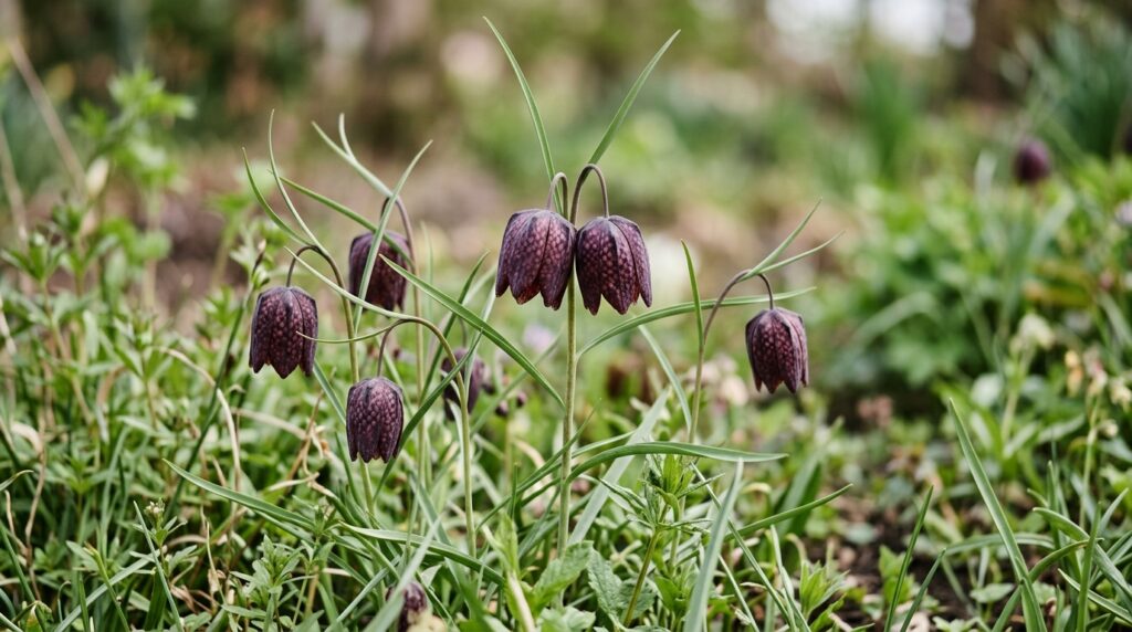 Dark purple brown fritillaria bell-shaped flowers