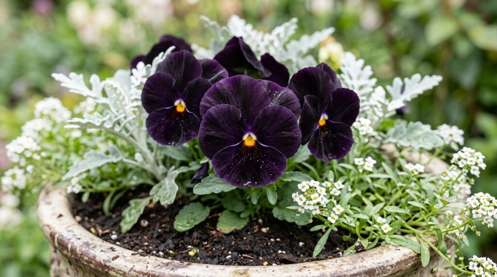 Black pansy flowers with dark purple petals in a container garden