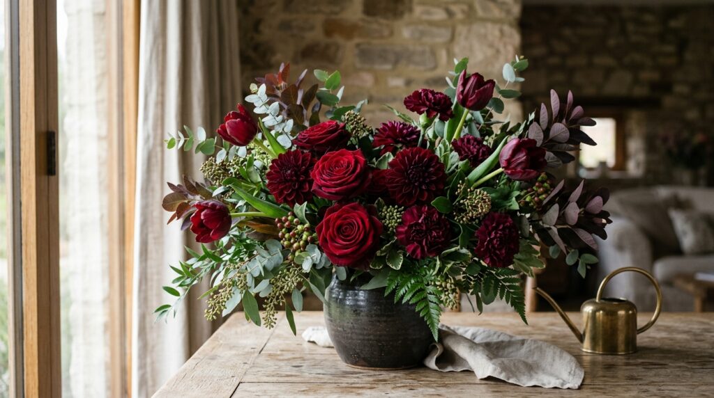 Dark red and burgundy flowers in a romantic floral arrangement