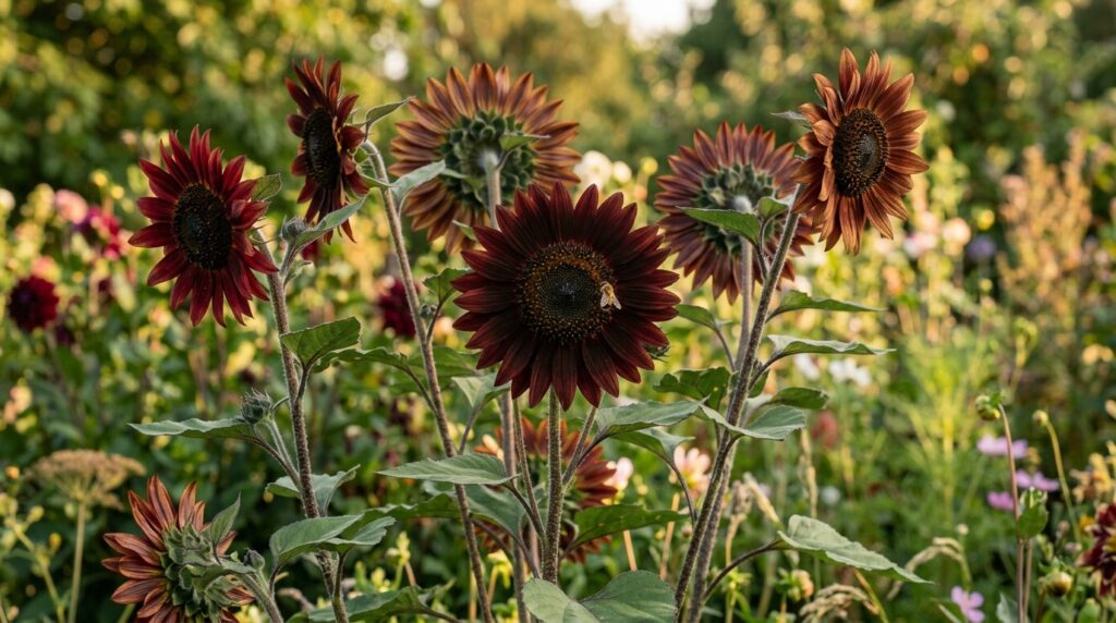Dark red burgundy and bronze sunflower varieties in a late summer garden
