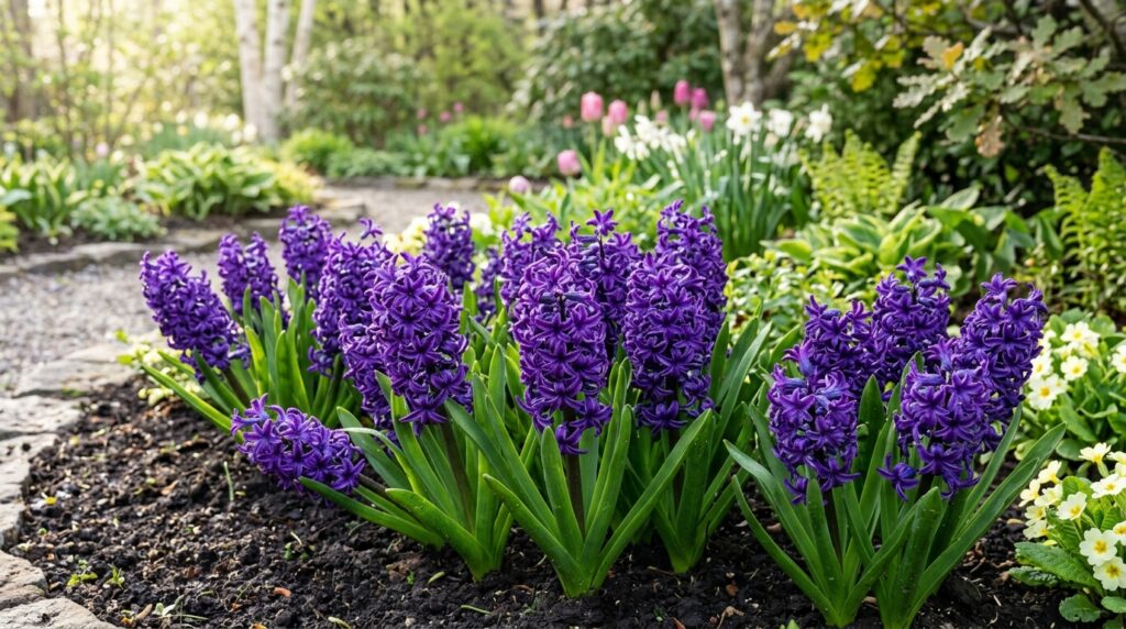 Dark purple hyacinth flowers growing in spring garden clusters