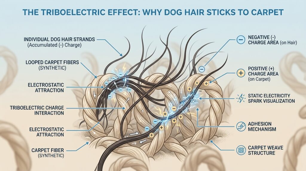Diagram showing why pet hair sticks to carpet fibers through static electricity