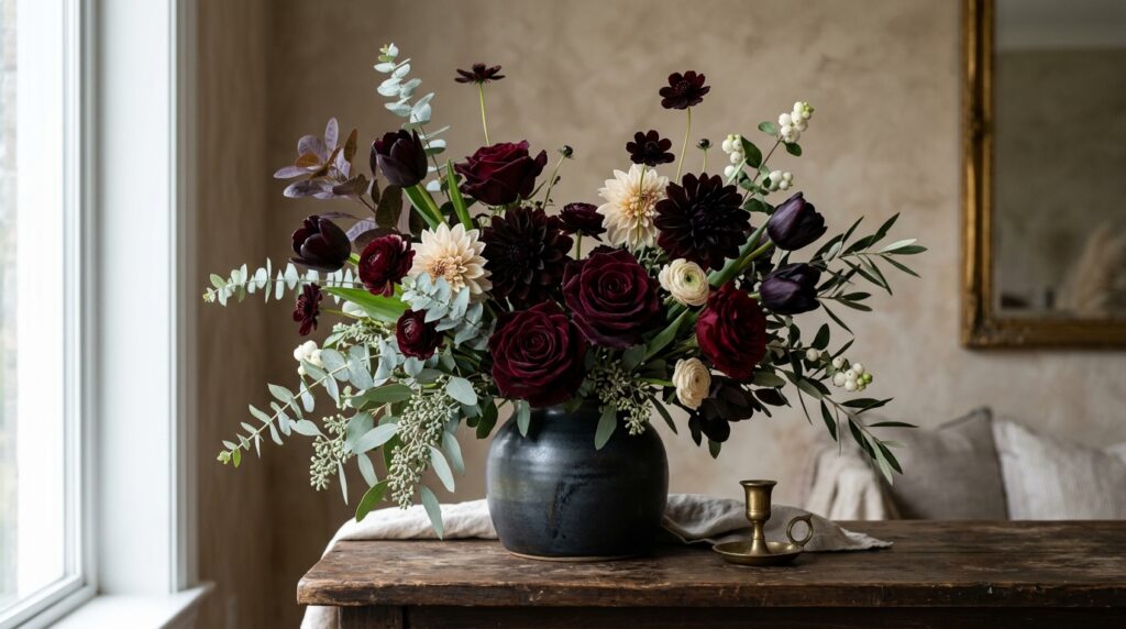 Dark flowers bouquet with burgundy roses, purple tulips, near-black dahlias, and silver foliage