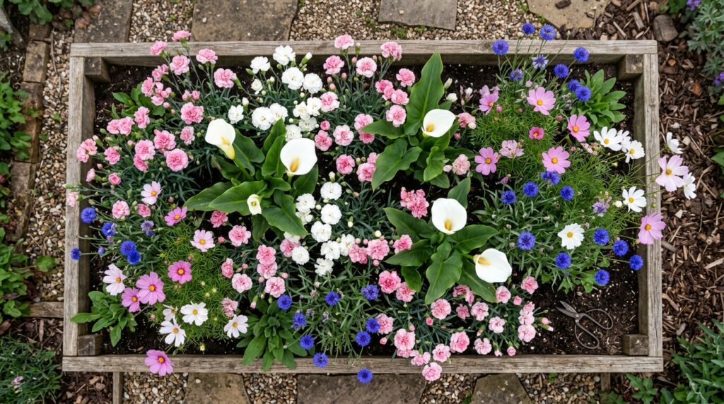 flowers that start with c garden bed carnations cosmos calla lily