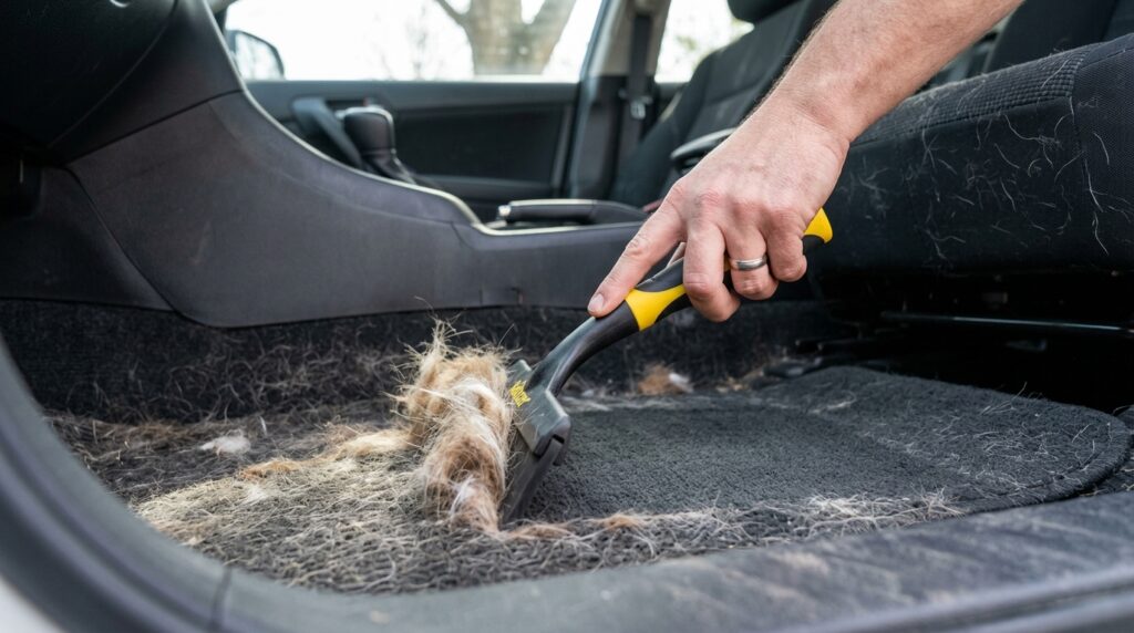 Best way to get dog hair out of carpet in car using a rubber squeegee